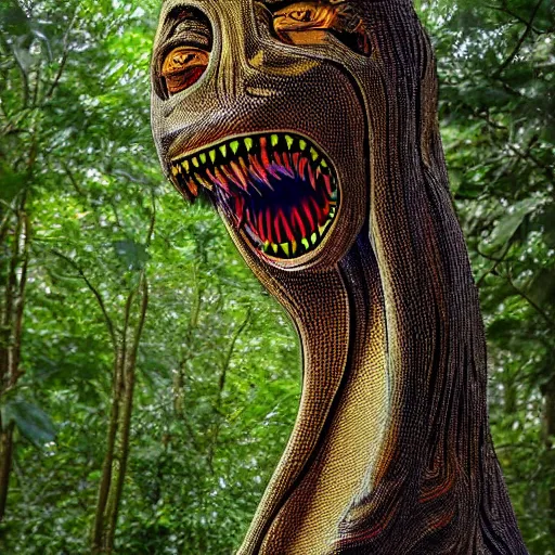 Image similar to tranquil, lines by emek golan macro photo. a art installation of a large, looming creature with a long, snake body. many large, sharp teeth, & eyes glow. wrapped around a large tree, bent under the weight. small figure in foreground, a sword, dwarfed by the size of the creature.