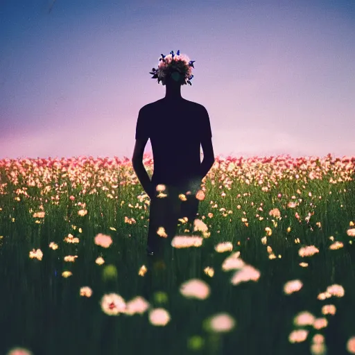 Image similar to revolog volvox photograph of a skinny blonde guy standing in a field of flowers, flower crown, back view, grain, moody lighting, telephoto, 9 0 s vibe, blurry background, vaporwave colors!, faded!,