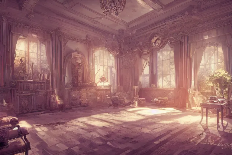 Prompt: a storybook illustration of inside a beautiful gorgeous mansion rooms, hyper realistic, ambient lighting, concept art, intricate, hyper detailed, smooth, dynamic volumetric lighting, octane, raytrace, cinematic, high quality, high resolution, 4 k