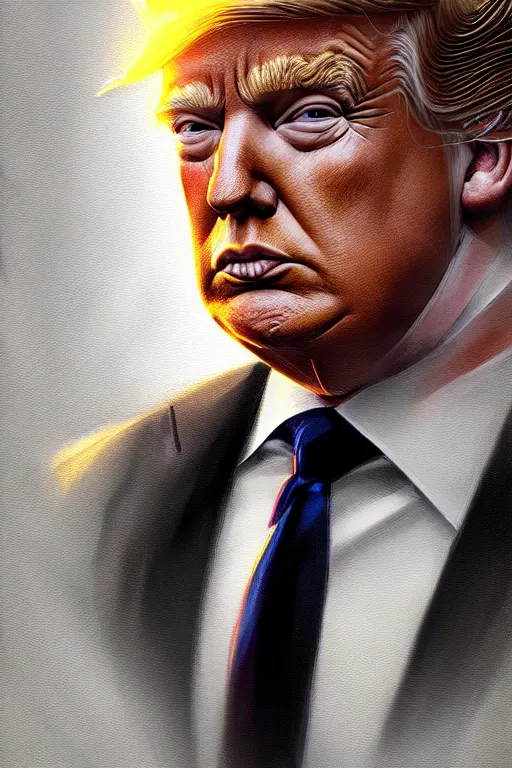 Image similar to Trump with light beard, curly hair, modern, hero, wearing a suit, highly detailed, digital painting, artstation, concept art, sharp focus, illustration, by greg rutkowski