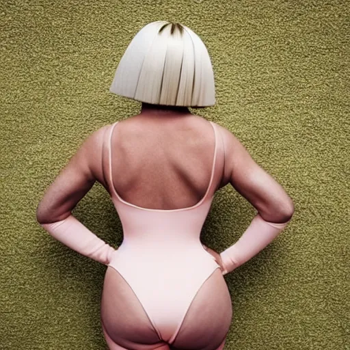 Image similar to sia furler wearing a skin colored peach leotard full body artistic photoshoot pose from behind