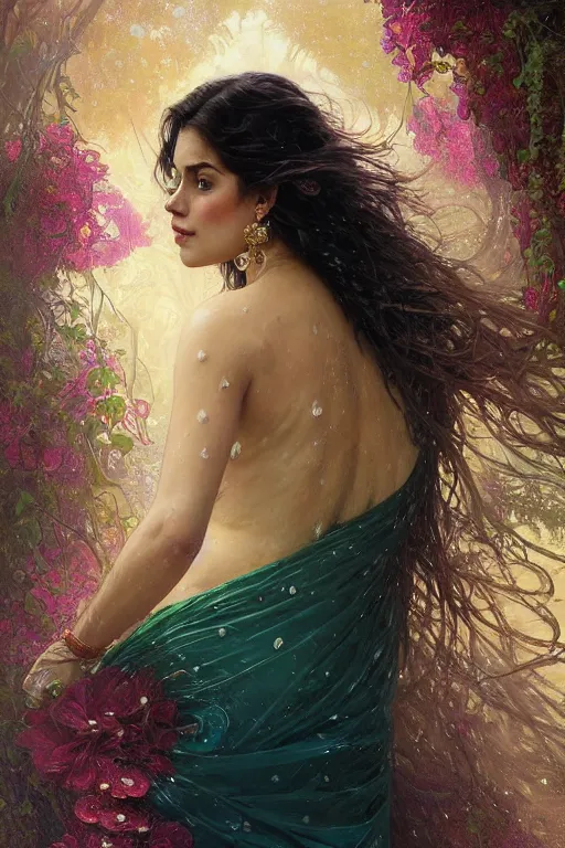 Prompt: portrait of a beautiful woman wearing a sari dress, holding a bouquet of flowing flowers, drenched body, wet dripping hair, emerging from the water, fantasy, regal, fractal crystal, fractal gems, by ross tran stanley artgerm lau, greg rutkowski, thomas kindkade, alphonse mucha, loish, norman rockwell