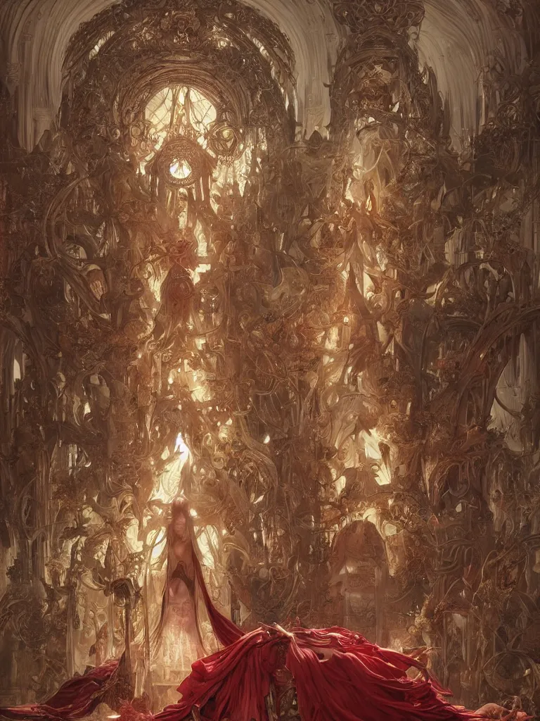 Image similar to a huge ivory throne with abominations kneeling in front of it, red tones, highly coherent, ultra realistic, concept art, intricate details, eerie, highly detailed, photorealistic, octane render, 8 k, unreal engine. art by artgerm and greg rutkowski and alphonse mucha