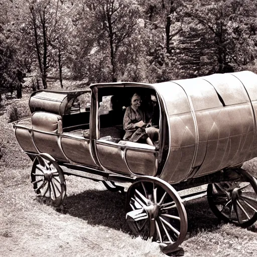 Image similar to a birds - eye view sepia photograph of a delorean made into a covered wagon, traveling in a line with covered wagons and cattle, photorealistic