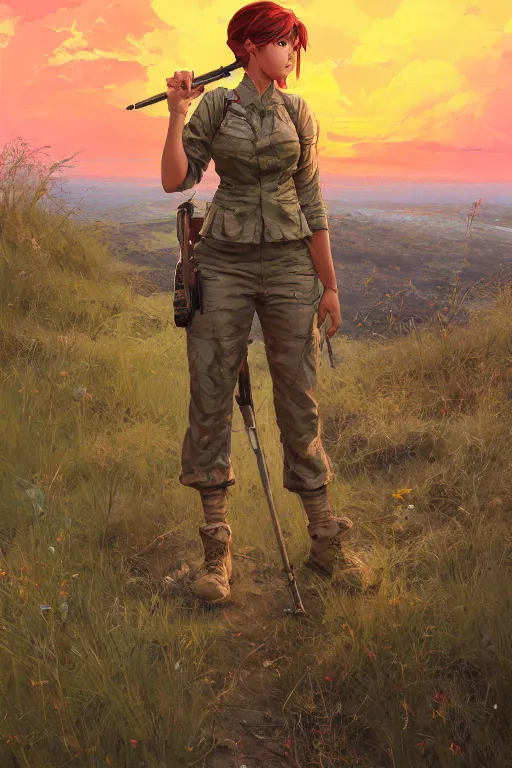 Image similar to a female soldier hiking in the savannah, mid shot, fine - face, realistic shaded perfect anatomy, fine details. sunset. very anime style. realistic shaded lighting poster by ilya kuvshinov katsuhiro, magali villeneuve, artgerm, jeremy lipkin and michael garmash, rob rey and kentaro miura style, trending on art station