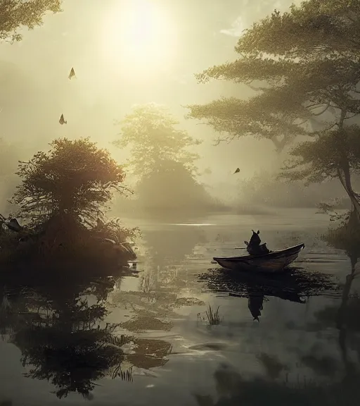 Image similar to three crows in a little boat in a swamp, volumetric lighting, majestic light, octane render, ethereal glare of the sun, hyperrealistic, epic, masterpiece, by greg rutkowski