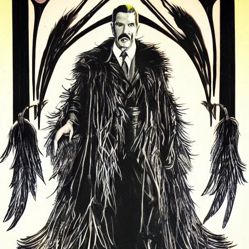 Image similar to vincent price as howard hughes in long black feathered cloak, black hands tipped with black claws, feathers growing out of skin, at opulent desk, comic book cover, vivid, illustration, highly detailed, rough paper, dark, oil painting