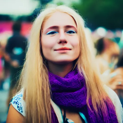 Prompt: ultra high resolution close - up of a very beautiful young woman with blond long hair, making up, standing in crowd of music festival, looking down at the camera. her face is partially obscured by a purple scarf, and she has a lovely smiling expression. the light is dim, and the colours are muted. kodak etkar 1 0 0.