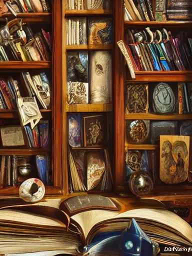 Image similar to a really messy shelf, full of different trinkets and books. intricate, elegant, highly detailed, digital painting, artstation, concept art, sharp focus, illustration, by justin gerard and artgerm, 8 k