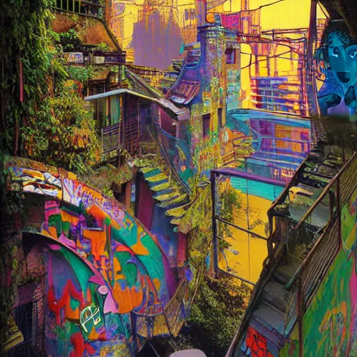 Image similar to breakfast at las pozas, graffiti by moebius, happy mood, cyberpunk, futuristic, 1 9 7 0 cut out collage, technilogy, high detail, golden light, realistic