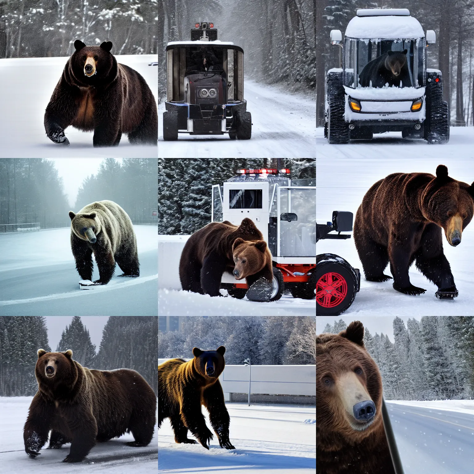 Prompt: bear with nicolas cage's face driving zamboni in snow, photography 4 k