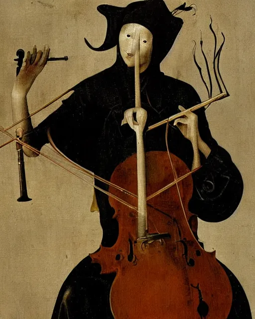 Prompt: a female cellist by Hieronymous Bosch