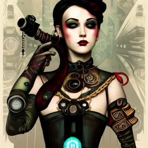 Prompt: Lofi Goth Steampunk BioShock portrait of a waifu style by Tristan Eaton Stanley Artgerm and Tom Bagshaw