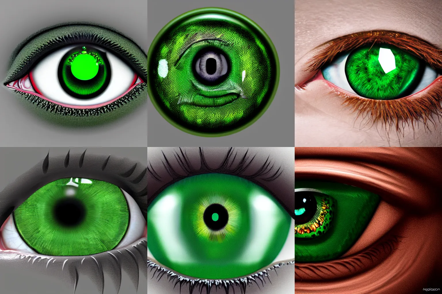 Prompt: A 3D render of a green eye, hyper detailed