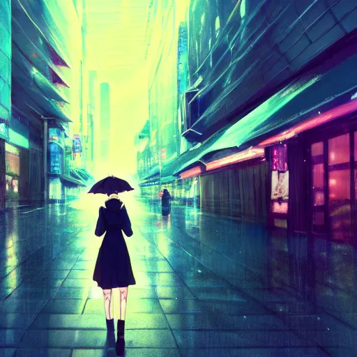 Image similar to beautiful anime girl walking in rainy osaka city center at night, anime key visual, digital art, anime screenshot, kyoto animation, makoto shinkai, trending on artstation