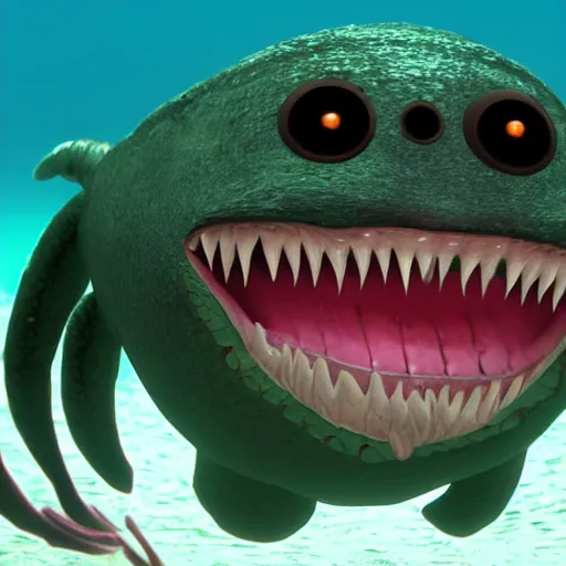 Prompt: sea monster about to eat pov underwater, big eyes, terrifying, hyper realistic, 8 k cinematic