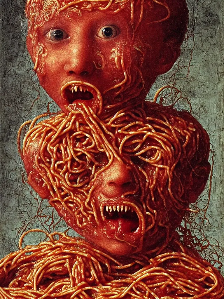 Prompt: a boy made of spaghetti sitting in a tub full of tomato sauce, looking straight into camera, screaming in desperation, by giuseppe arcimboldo and ambrosius benson, renaissance, intricate and intense oil paint, a touch of joseph cornell, beksinski and hr giger and edward munch, realistic