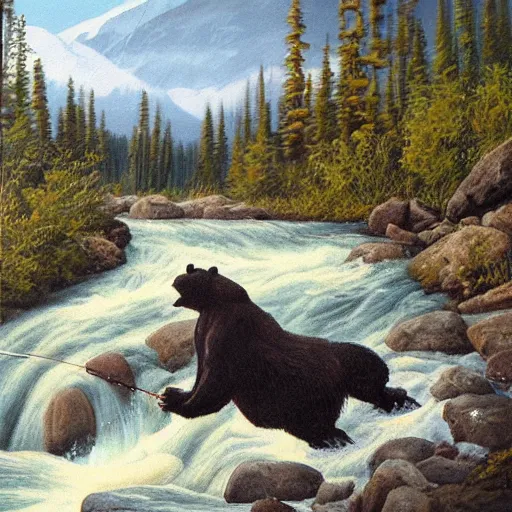 Image similar to oil painting, bear stretching out its arm to catch a salmon alongside a river in Alaska, high detail