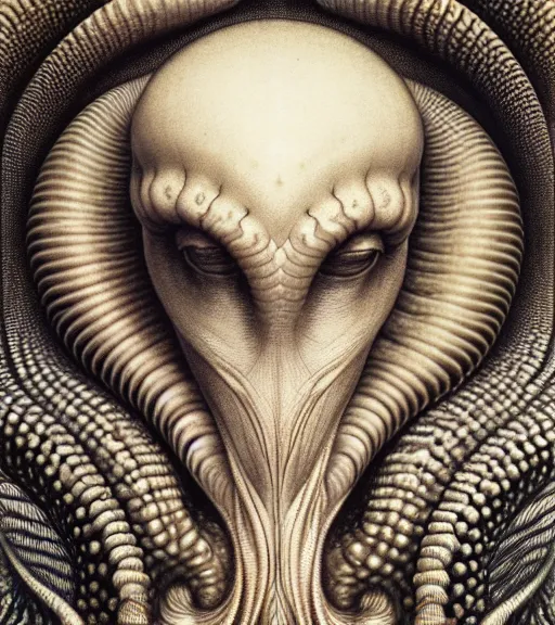 Prompt: detailed realistic beautiful nautilus goddess face portrait by jean delville, gustave dore, iris van herpen and marco mazzoni, art forms of nature by ernst haeckel, art nouveau, symbolist, visionary, gothic, neo - gothic, pre - raphaelite, fractal lace, intricate alien botanicals, biodiversity, surreality, hyperdetailed ultrasharp octane render