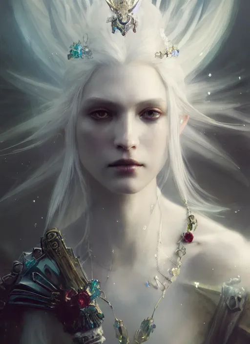 Image similar to a beautiful white haired princess, adorned with precious stone jewelry, intricate concept art, ethereal, ominous, gorgeous dark fantasy, misty, dramatic lighting, octane render, 8 k, ruan jia and jeremy mann and alphonse mucha