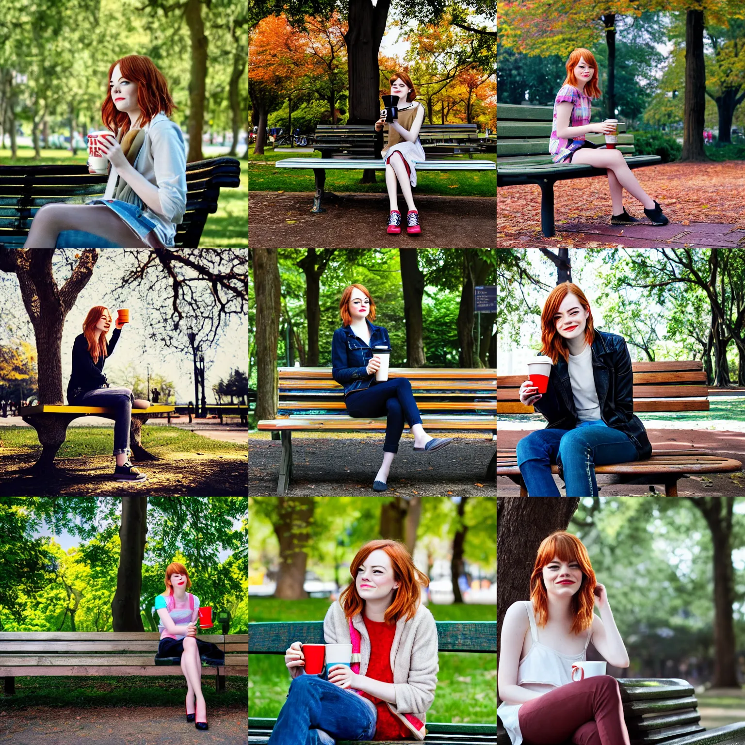 Prompt: Emma Stone sitting on a bench and drinking coffee in a park filled with trees, sharp focus, highly detailed, 4K, colorful, portrait photography, medium shot