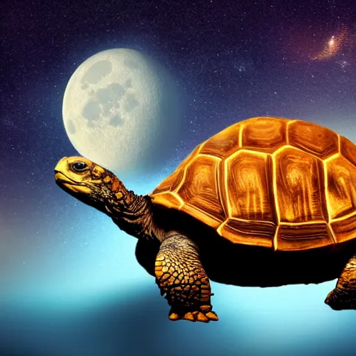 Prompt: a tortoise atop a mansion starting at the moon during a meteor shower
