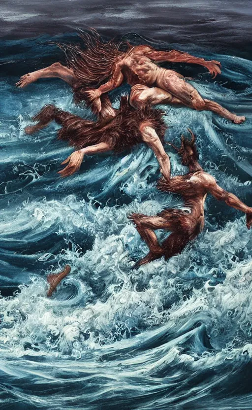 Prompt: amazing detailed abstract painting of two werewolf laying in a passionate embrace in a turbulent ocean, by francis bacon. they are fighting. waves and come cover them. hd. hq. trending on artstation. photorealistic