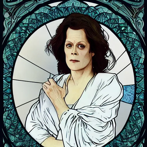 Image similar to sigourney weaver, tired, serious, intelligent, powerful, white hair, fully clothed, wise, beautiful, by alfons mucha, soft lighting, trending on artstation, flat colour