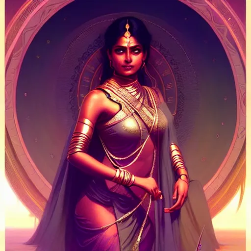 Image similar to futuristic lakshmi, sci-fi, fantasy, intricate, elegant, attractive, indian goddess, highly detailed, digital painting, artstation, concept art, smooth, sharp focus, illustration, art by artgerm and greg rutkowski and Raja ravi verma and alphonse mucha