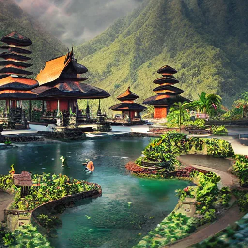 Image similar to A beautiful, perfect, impressive, amazing concept art digital CG painting of a place in Bali, trending on ArtStation, Unreal Engine