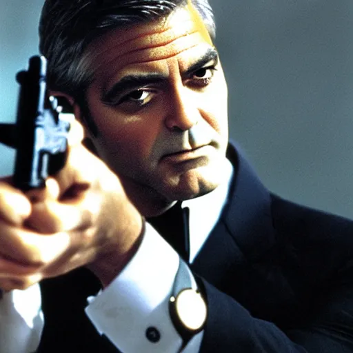 Prompt: George Clooney as James Bond, with pistol, cinematic photograph, dramatic background