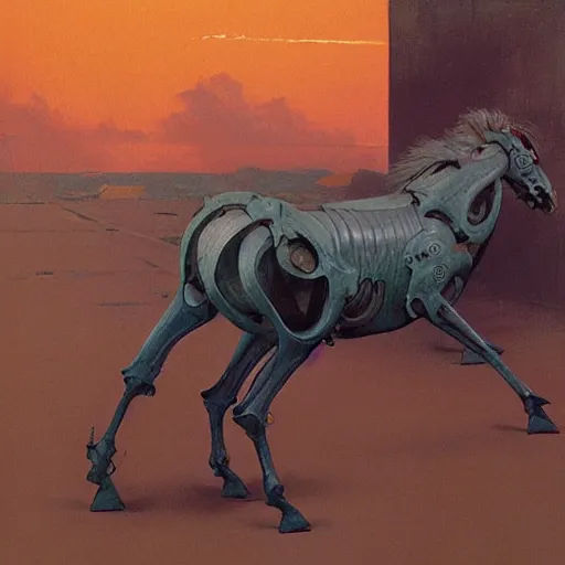 Image similar to carnivorous cyborg horse, by c. leyendecker, degas, simon stalenhag, studio ghibli, barlowe, audobon and beksinski