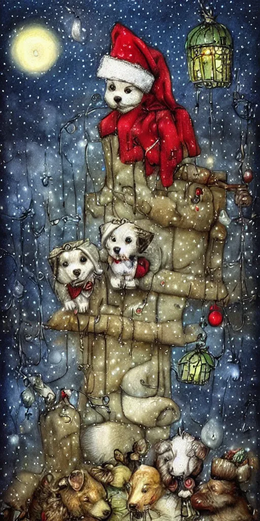 Image similar to a christmas puppies scene by alexander jansson