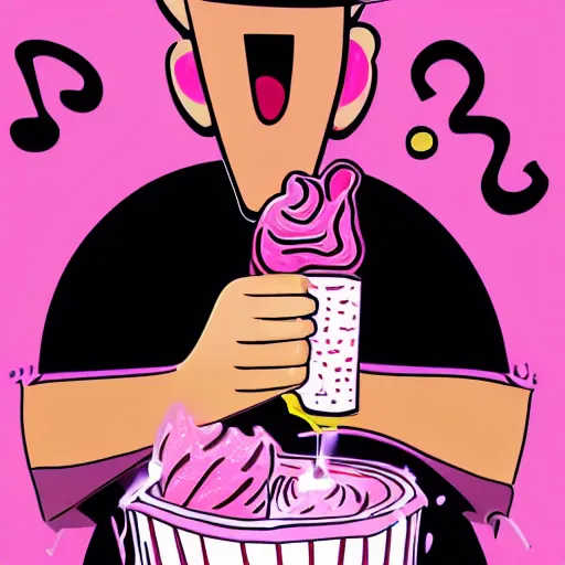 Image similar to pink ice cream man screaming whilst surrounded by relaxing scented candles