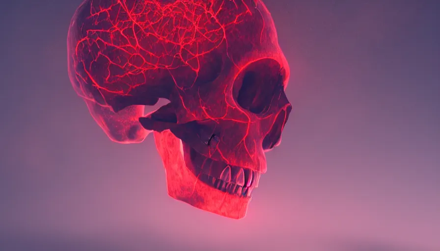 Image similar to Photorealistic Skull covered in thin red strings Surrounded by thick fog and clouds that glow from lights in the distance, volumetric lighting, haze, atmosphere, magical lighting, digital art, wallpaper, octane, redshift