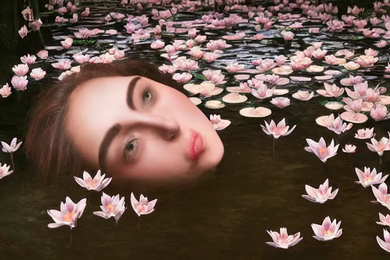 Image similar to cinematic 3 d portrait of a woman's porcelain head and shoulders floating in a pond, surrounded by a forrest of lillies, deep focus, intricate, elegant, highly detailed, matte, sharp focus, by bill henson and gregory crewdson and james jean