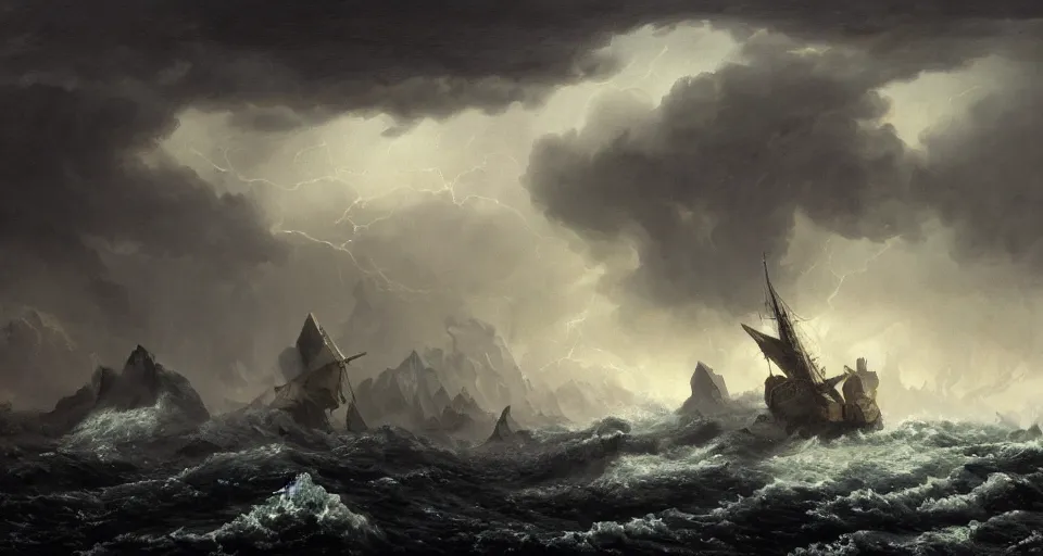 Prompt: black lovecraftian eldritch!! obsidian pyramid!! a snowy island surrounded by raging stormy seas, 1 7 0 0 s frigate, with a large shadow of a creature in the background by eugene von guerard, ivan shishkin, night, red lightning!!, storm!, dramatic lighting, concept art, trending on artstation, 8 k