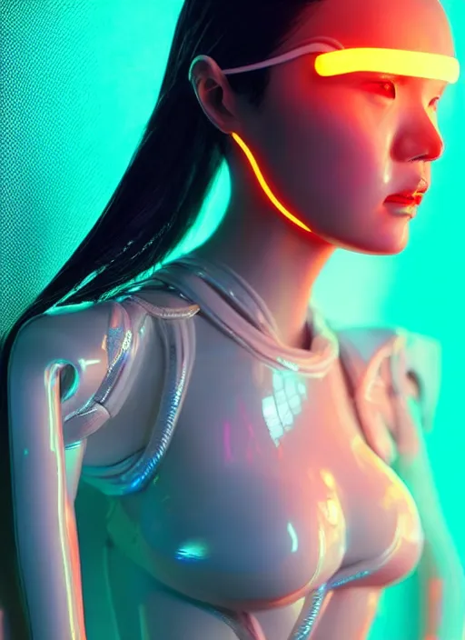 Prompt: an asian female humanoid with freckled cheeks, cyber neon lighting, futurism, intricate futuristic led fashion jewelry, cyberpunk glossy white latex swimwear, profile posing, hyper photorealistic, crispy quality, digital photography, trending in artstation, trending in pinterest, cinematic, 4 k ultra hd, art by pascal blanche, art by greg rutkowski,