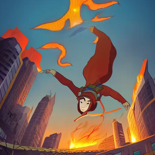 Image similar to a City on fire, money flying through the skies, professional cartoon illustration, trending on artstation, illustrated by Michael Dante DiMartino and Bryan Konietzko, with Aaron Ehas