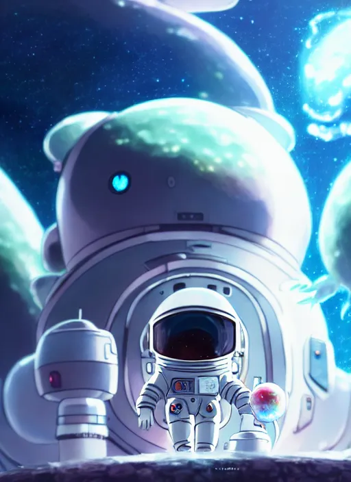 Prompt: portrait of cute kawaii astronaut android navigating a large biomechanical kaiju dragon, nebulous background of dynamic space, a dramatic composition by wlop and greg rutkowski and makoto shinkai and studio ghibli and kyoto animation cute bubbly clothing
