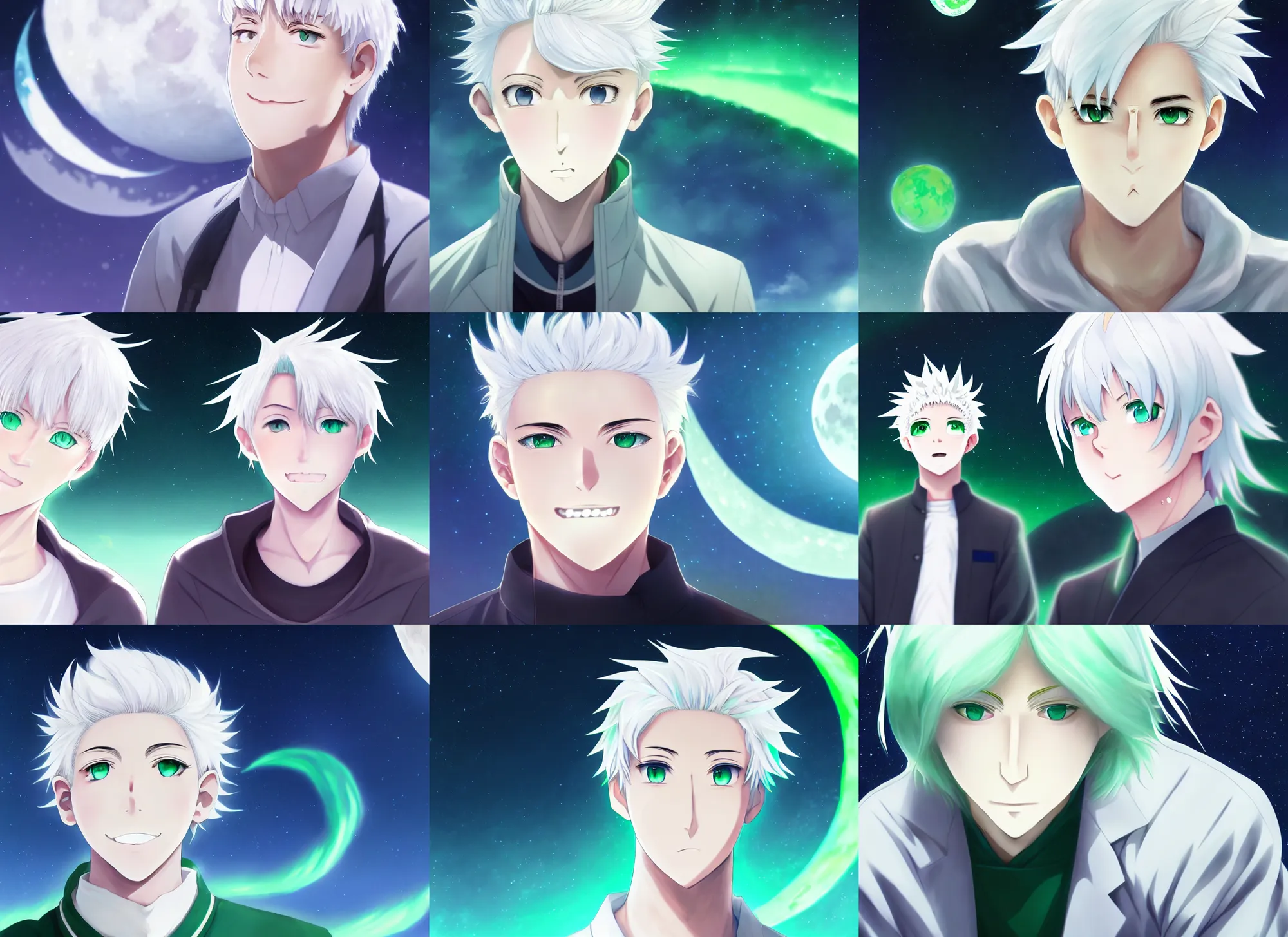 Prompt: white haired young guy with green eyes on the moon, aurora, smiling, stunning anime portrait, symmetry, ecchi style, makoto shinkai, genshin impact, art, long shot, fisheye