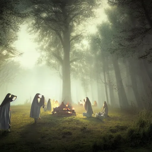 Image similar to A panoramic photograph of witches dancing in robes and drinking around a campfire at night in a misty forest grove, large landscape with a village in the valley, stars overhead, glowing eyes in the dark, by Greg Rutkowski, 4k photorealistic, volumetric lighting, HD, high details, dramatic, trending on artstation