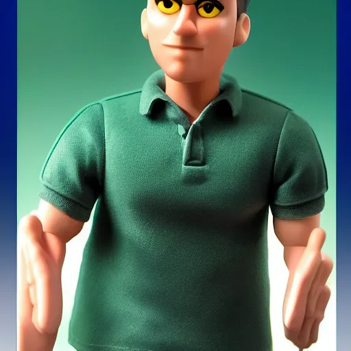 Image similar to a 30 year old skinny Peruvian programmer guy, clean shaven face, with thick straight brush up black hair on top, short on sides, in a dark green polo shirt, blue jeans and grey sneakers funko pop close up highly detailed photo