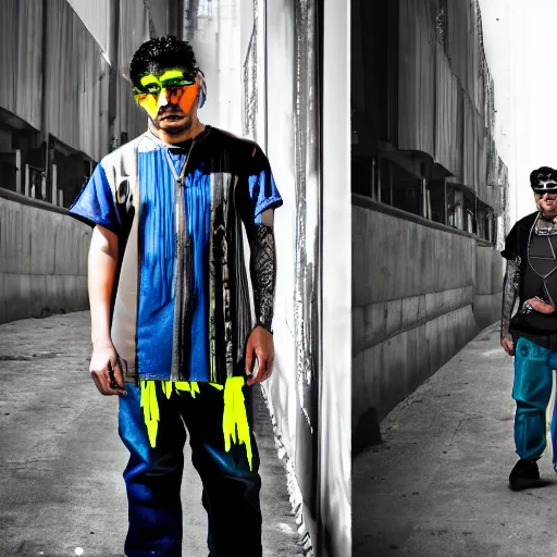 Prompt: a cyberpunk cholo wearing futuristic urban clothing full shot photographic portrait