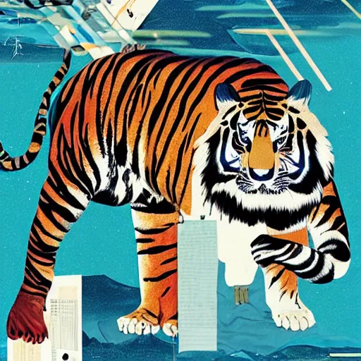 Prompt: a delorean and a tiger, magazine collage, art by hsiao - ron cheng and utagawa kunisada