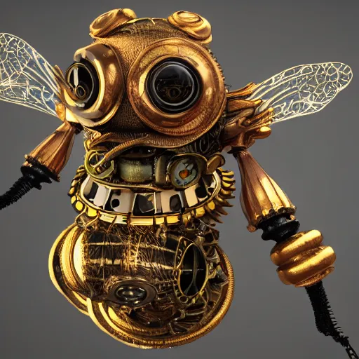 Prompt: steampunk bee device covered by ornamental themed exotic highend luxury features, fractal, manderblot, detailed, hyperrealistic, raytrace,