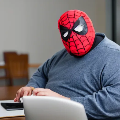 Image similar to portrait photo of old, fat spiderman with a mask doing taxes