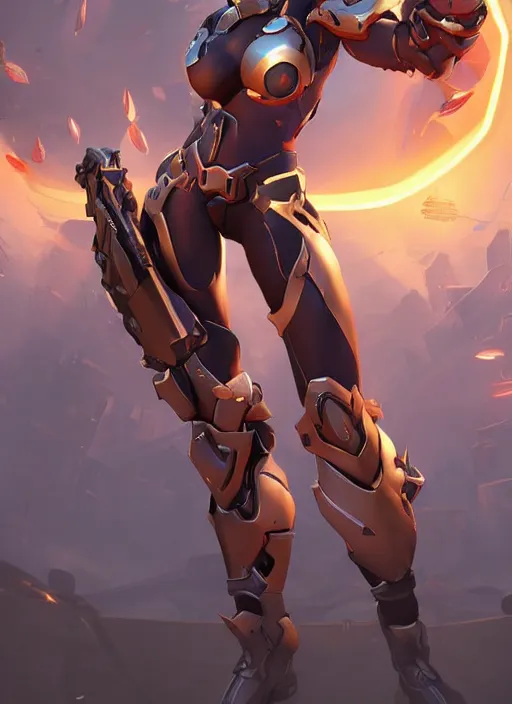 Image similar to poster!! ( overwatch ) beautiful new female character for overwatch, character concept art, action pose, full body armor, steel plating, huge weapon, super powers, athletic, long red hair, symmetry, intricate design, shiny, highly detailed, hd, dramatic lighting, art by artgerm and greg rutkowski