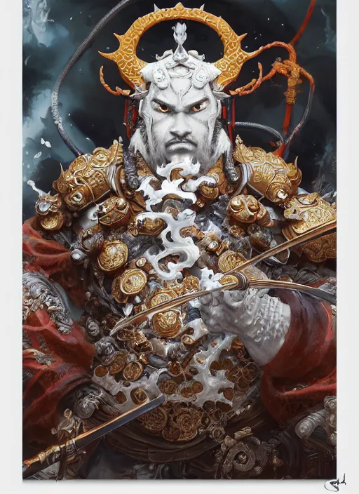 Image similar to subsurface scattering, white, koi, samurai deity with filigree chitin armor, by jesper ejsing, james jean, justin gerard, tomasz alen kopera, cgsociety and fenghua zhong, highly detailed, rim light, cinematic lighting, illustration, art, octane render, very coherent, cinematic, hyper realism, high detail, 8 k