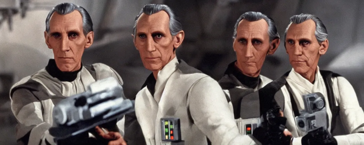 Prompt: Scene from the Disney Plus Star Wars detective show Tarkin and Kenobi h.q. tv still”